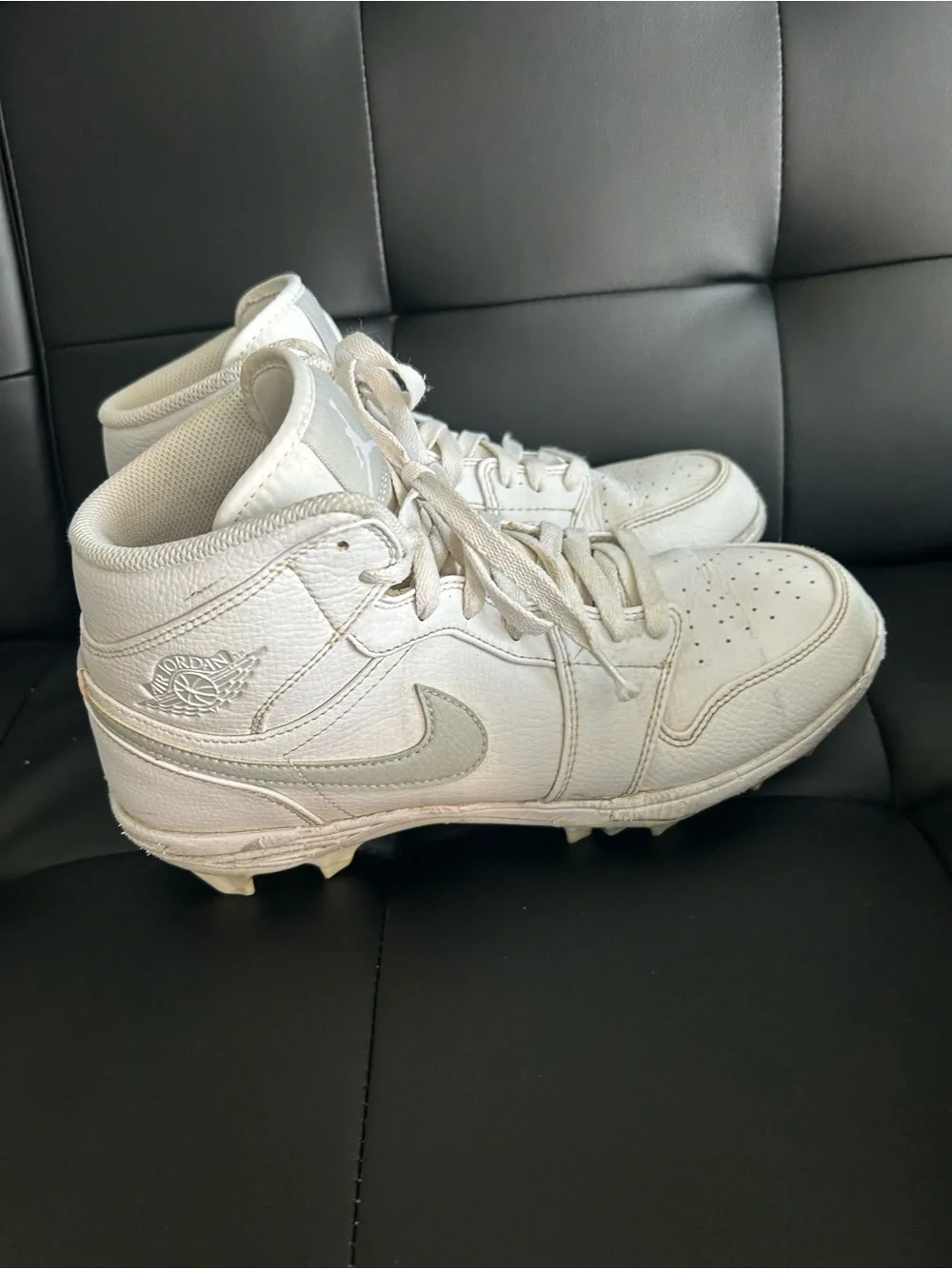 Nike Jordan 1 Mid TD white Cleats with silver/grey swoosh